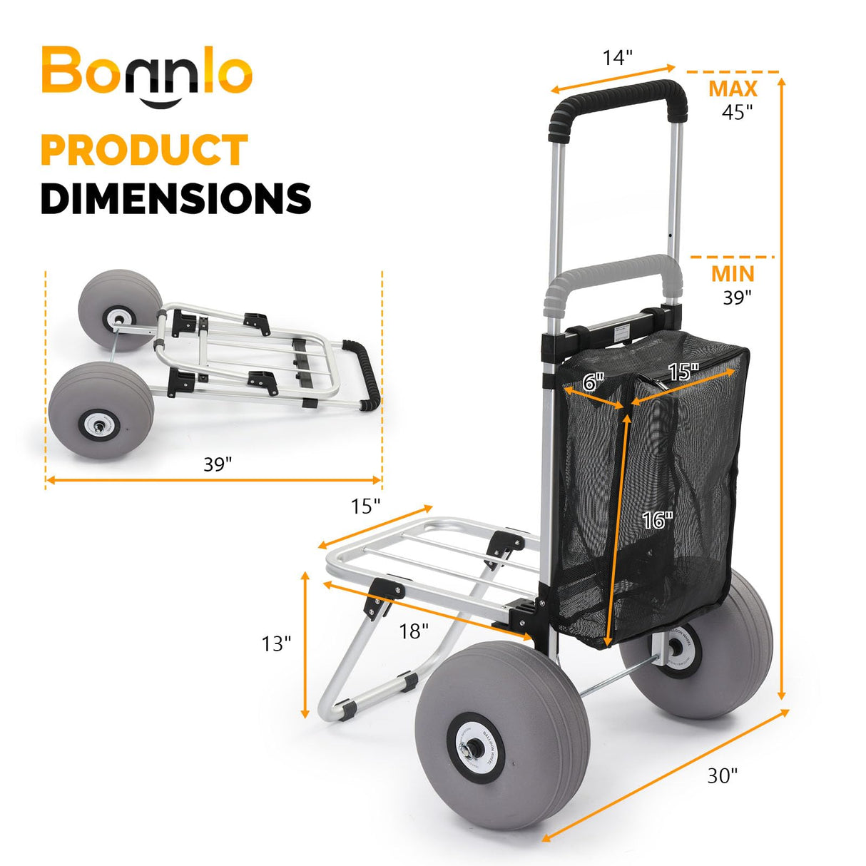 Bonnlo Adjustable Beach Wagon for Sand with 11" All Terrain Wheels