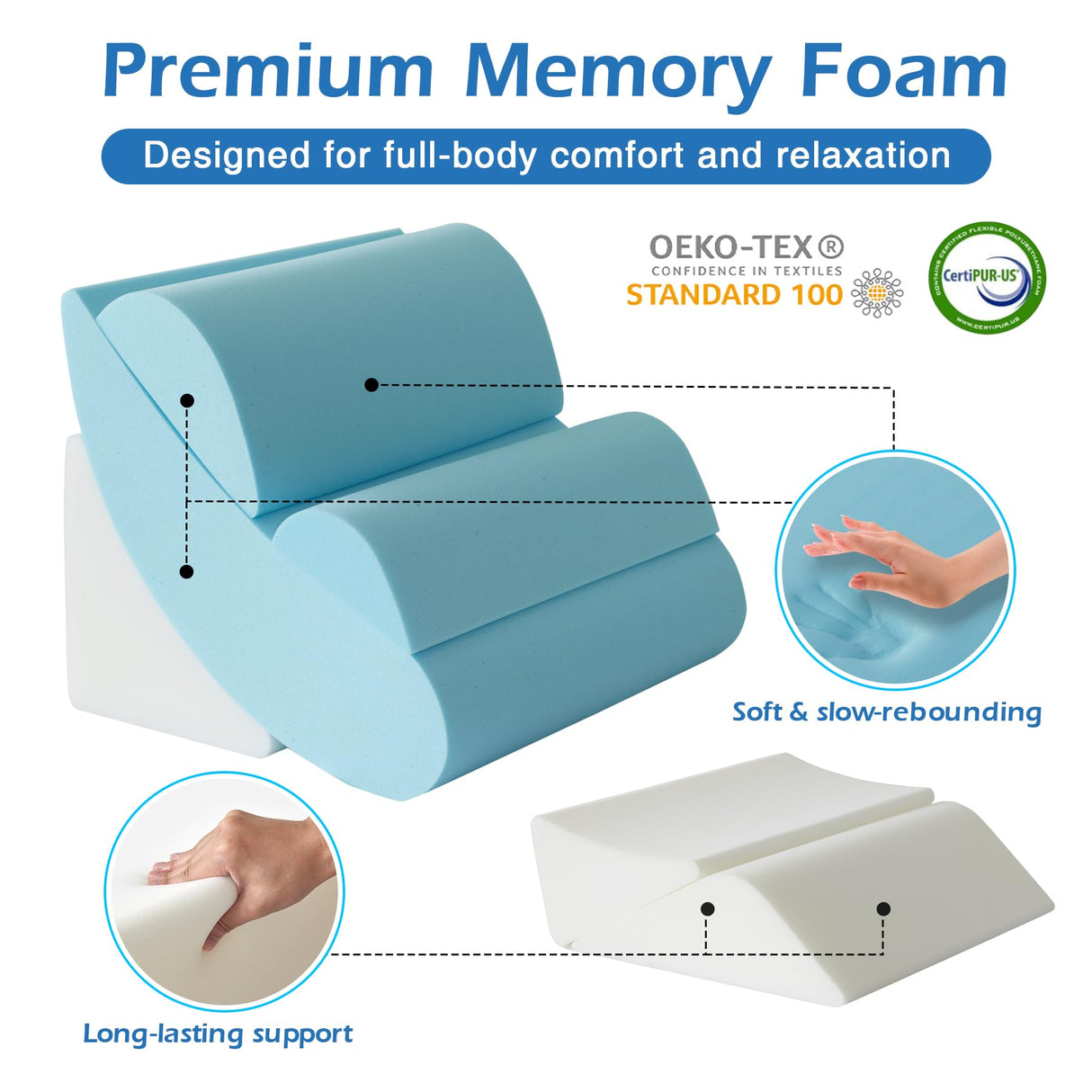 Ahpmeoa 6PCS Orthopedic Bed Wedge Pillow Set for Sitting up in Bed, Memory Foam Post Surgery Pillow for Back Pain Relief, Back Support Pillow for Acid Reflux Relief, GERD, Anti Snoring (Plush Grey)