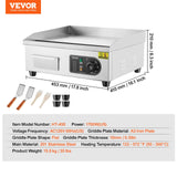 VEVOR Commercial Electric Griddle, 1700W Countertop Flat Top Grill, 18in Stainless Steel Griddle Grill with 2 Shovels and 2 Brushes for Home or Restaurant, 122℉-572 ℉ Adjustable Temp