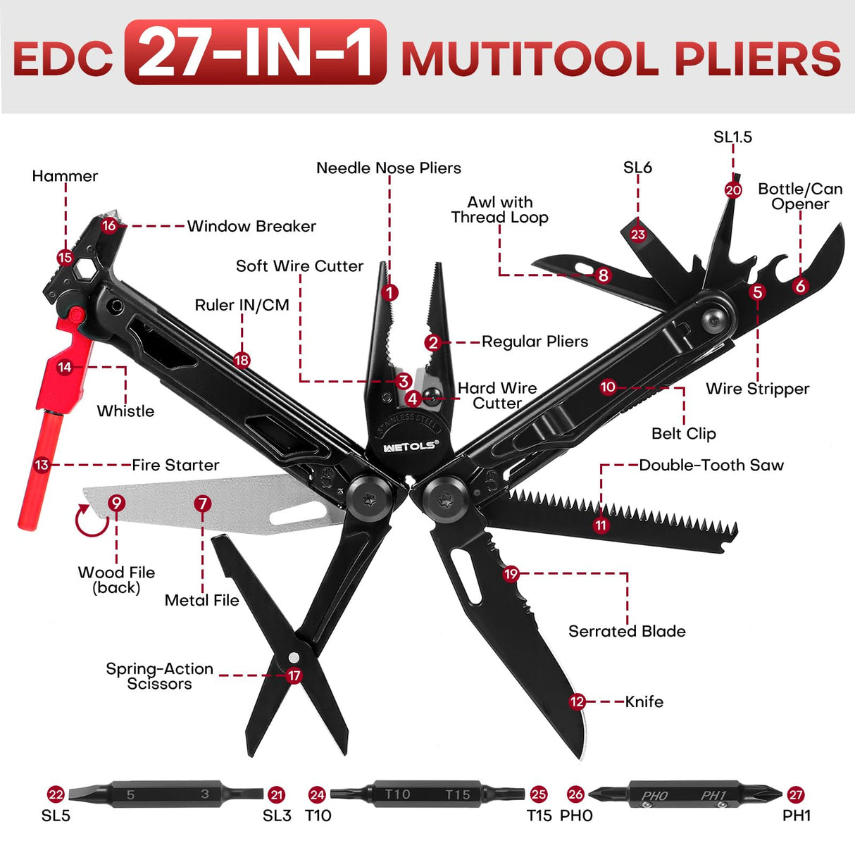 WETOLS Multitool with Pocket Knife, 27-in-1 Stainless Steel Needle Nose Pliers with Screwdrivers, Self-locking Multi tool EDC Gear with Sheath, Ideal for Survival, Outdoor, Camping
