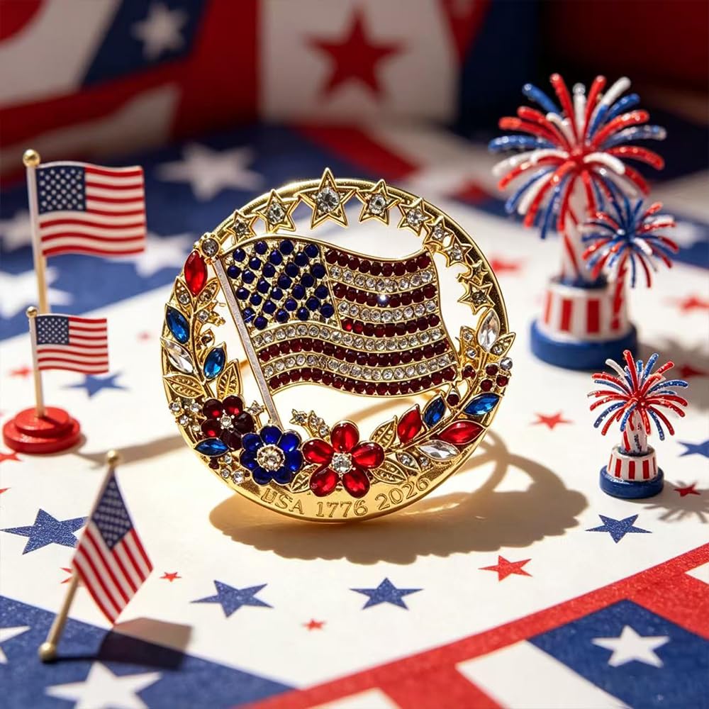250th Anniversary Enamel Brooch Pin, 1776-2026 Patriotic Floral Star Badg American Birthday Rhinestone Flag Lapel Pin for Independence Day Veterans Souvenir Gift Jewelry (2PCS)