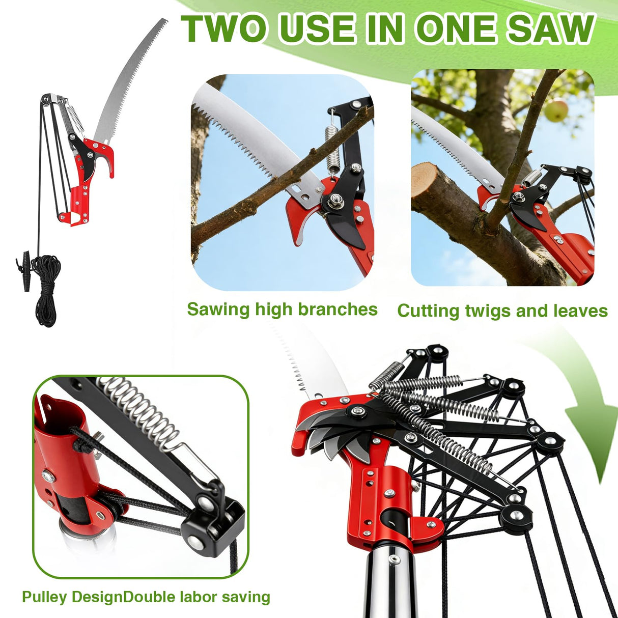 Pterying Pole Saws for Tree Trimming - 7.3-27 ft Manual Tree Trimmer with Sharp Steel Blade and Scissors, Long Reach High Branch Cutter for Garden Landscaping Pruning Palms Shrubs Fruit Trees