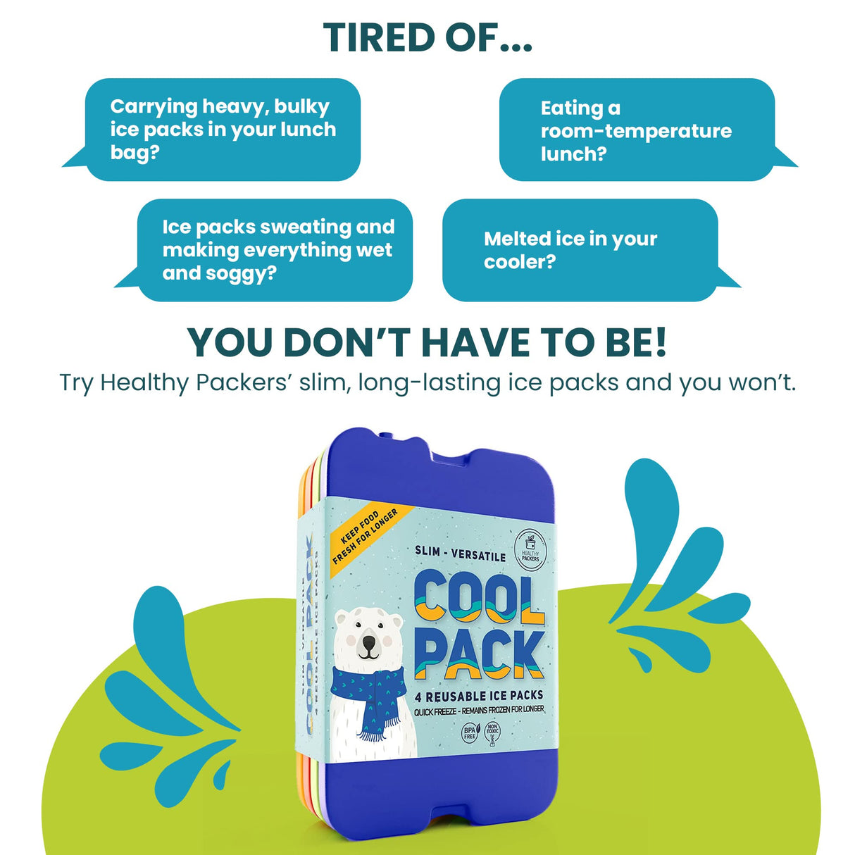 Healthy Packers Ice Packs for Lunch Boxes & Coolers - Original Cool Pack | Slim & Long-Lasting Reusable Ice Pack for Lunch Bags | Freezer Packs for Coolers (Set of 4)