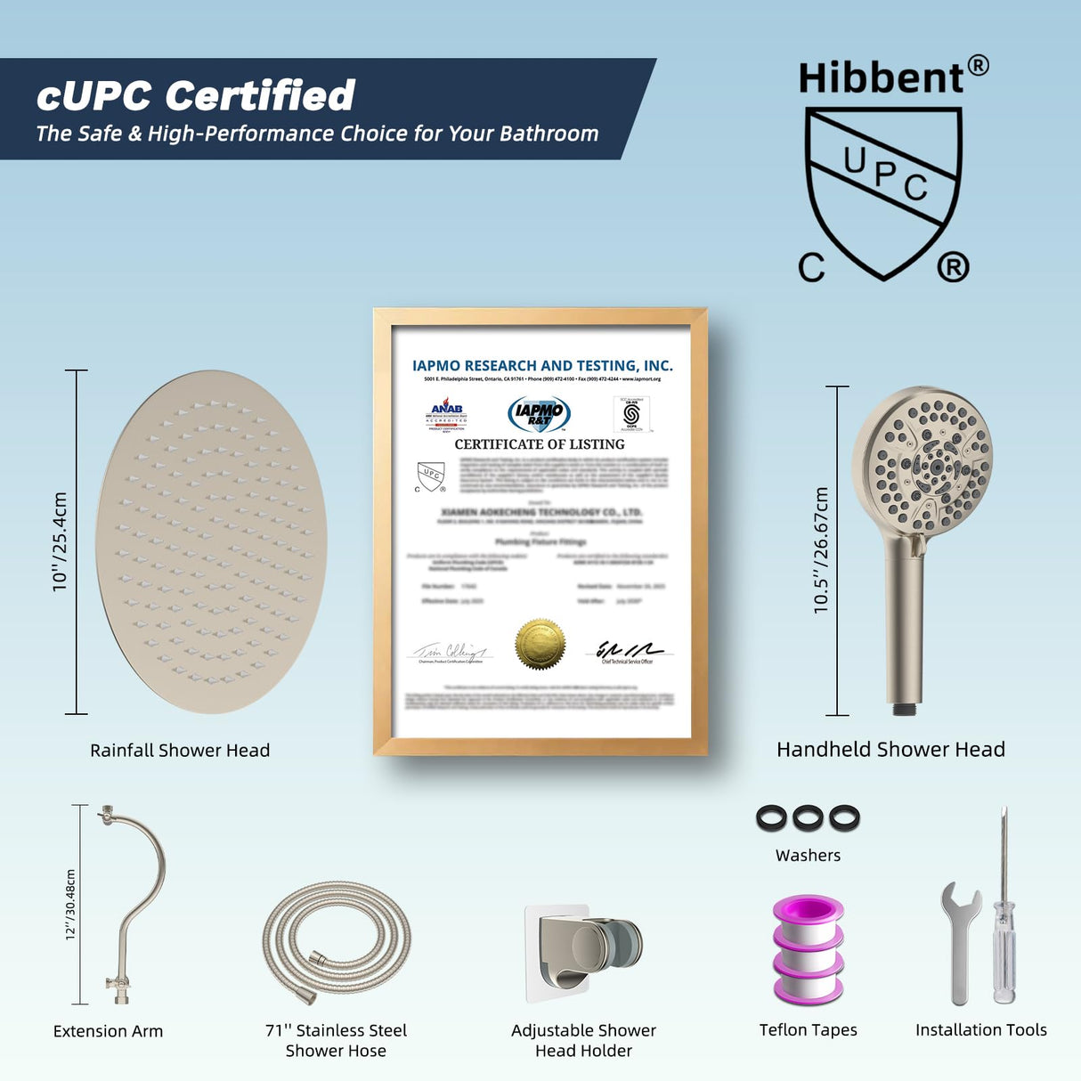 Hibbent All Metal CUPC Certified Shower Head, 10'' High Pressure Rainfall Shower Head, Handheld Showerhead Combo with 12'' Adjustable Extension Arm, 10-Spray, 71'' Hose, Shower Holder, Brushed Nickel