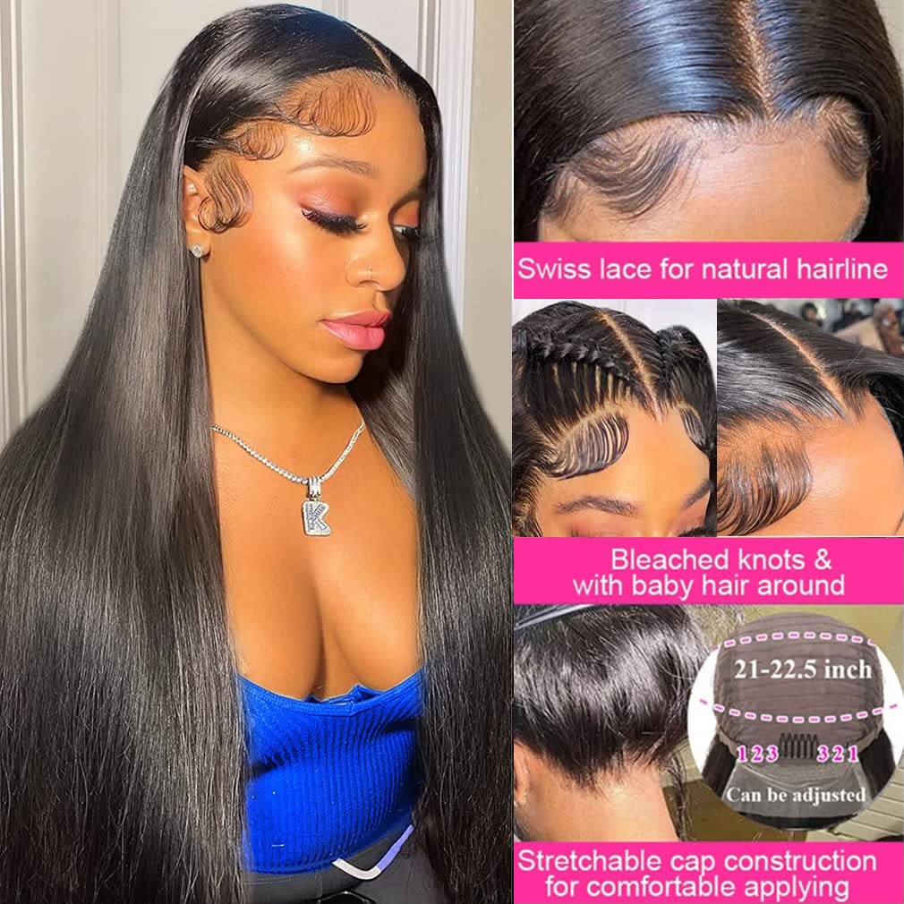 13x6 Straight Lace Front Wigs Human Hair HD Transparent Lace Front Human Hair Wigs for Black Woman Brazilian Lace Frontal Wigs Human Hair Glueless Wigs Human Hair Pre Plucked Natural Color 32inch