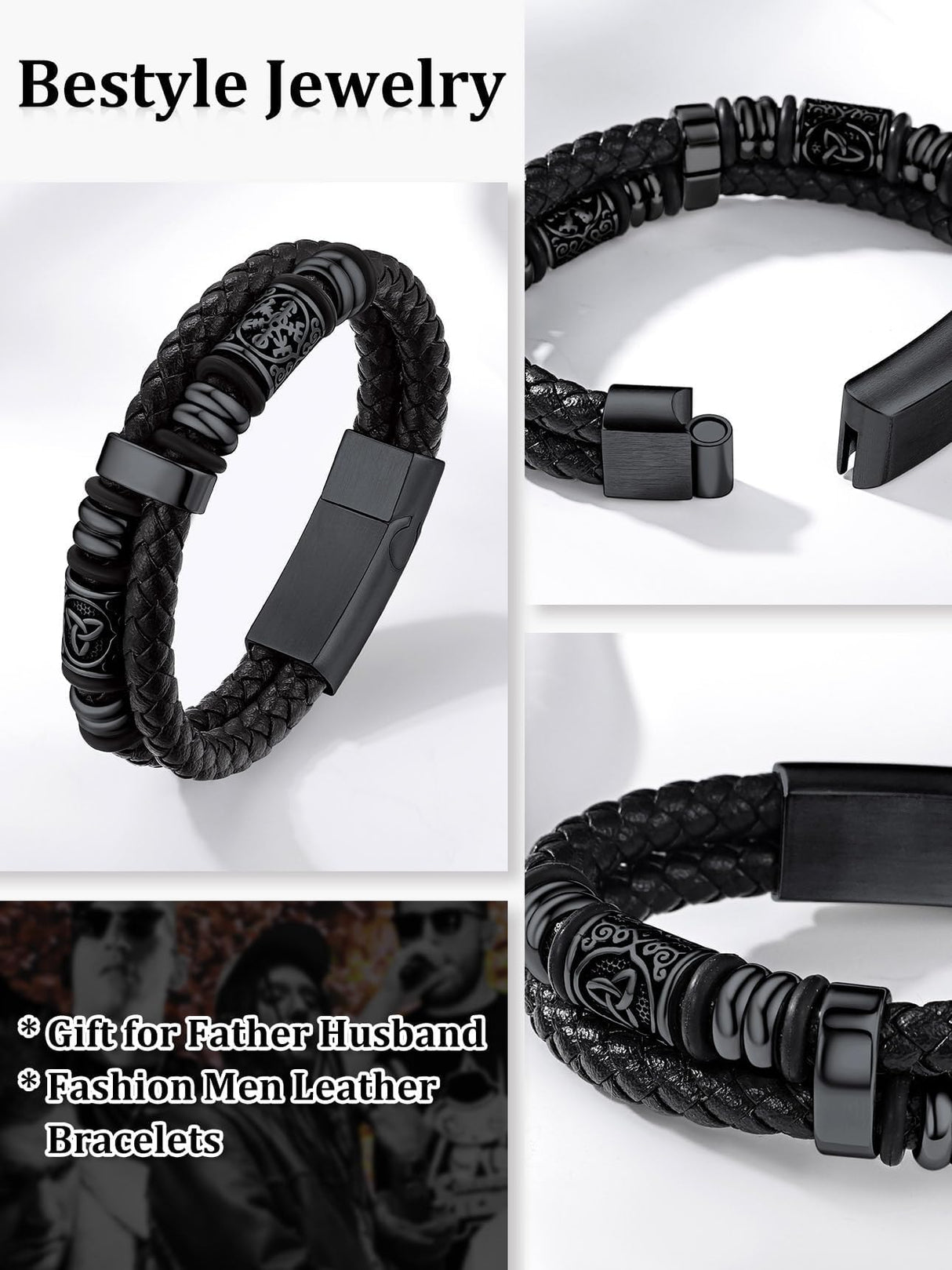 Bestyle Lucky Viking Celtic Bracelet Black Bracelet for Men Double Layer Black Leather Cuff Bracelet, Fashion Punk Retro Men Wristband Leather Bracelet Great Gift for Father Husband, 21cm/8.3 Inch