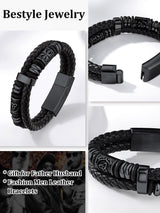 Bestyle Lucky Viking Celtic Bracelet Black Bracelet for Men Double Layer Black Leather Cuff Bracelet, Fashion Punk Retro Men Wristband Leather Bracelet Great Gift for Father Husband, 21cm/8.3 Inch