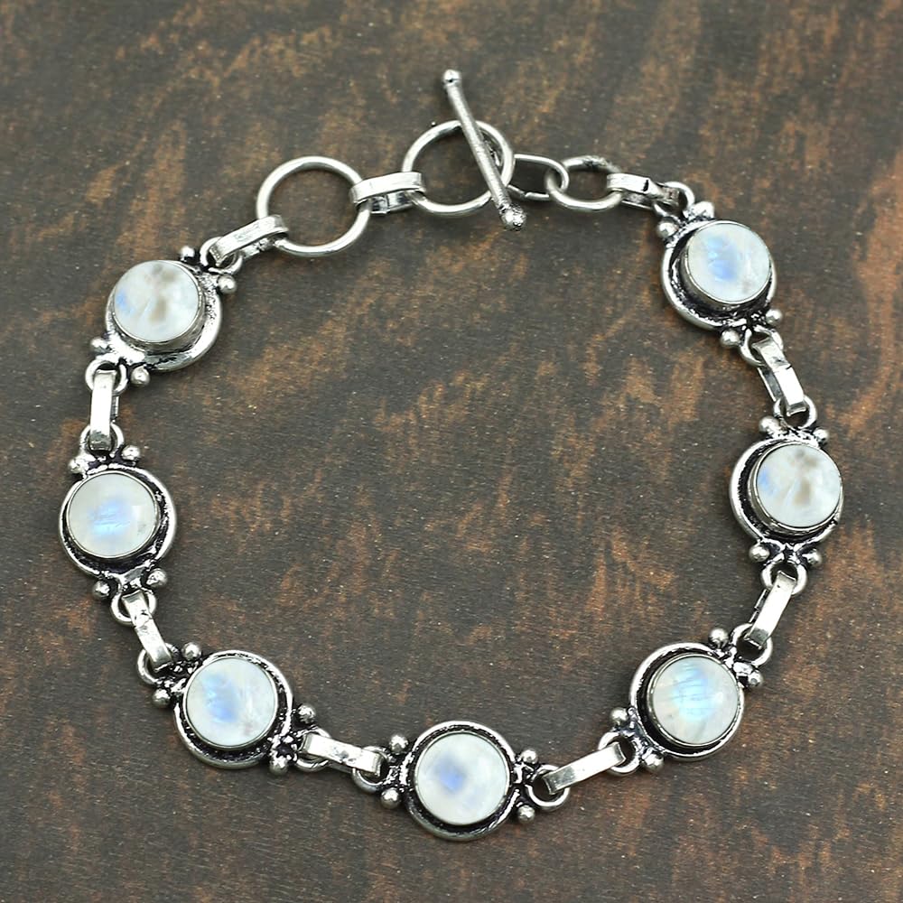 Natural Moonstone 925 Silver Plated Round Gemstone Link Bracelet for Women