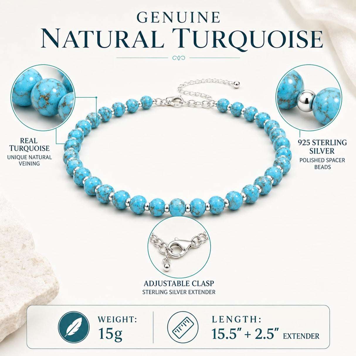 Sheplus 925 Sterling Silver Genuine Turquoise Beaded Necklace for Women