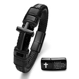 Black Cross Cuff Bracelet for Men,Stainless Steel Braided Leather Bible Verse Bracelet with Joshua 1:9 Inspirational Faith Gift for Dad,Brother,Son,Religious Baptism and Confirmation Gifts 8.3 Inch