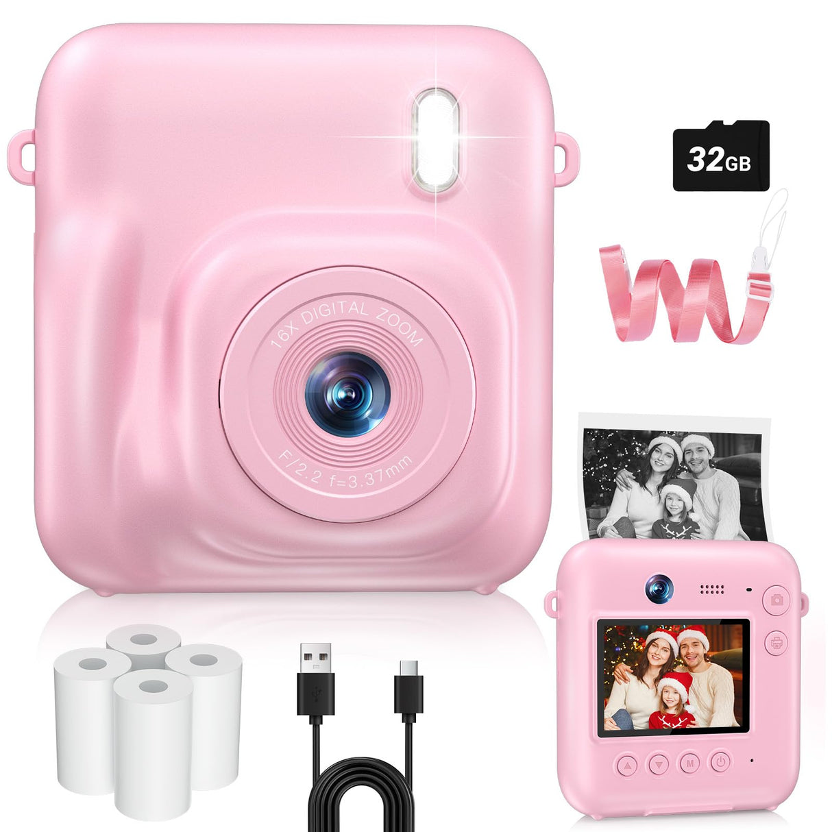 Digital Camera for Kids Instant Print, 48MP Dual-Lens Kids Camera for Girls Boys Christmas Birthday Gifts, 1080P Video Selfie Instant Cameras, Portable Toddler for 4-12 Years with 32GB Card-Pink