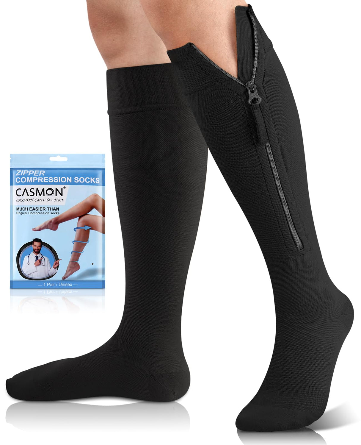 CASMON 15-20mmHg Zipper Compression Socks for Women and Men, Knee High Compression Stockings, Medical Closed Toe Support Socks for Varicose Veins, Post-Surgery, Swelling, Nurses, Pregnancy (1 Pair)