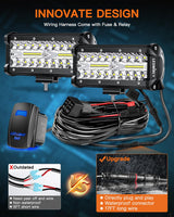 LEDMIRCY 7 Inch LED Light Bar Kit with Rocker Switch Wiring Harness 2PCS LED Pod Lights Triple Rows White Spot Flood Combo Beam Off Road Lights for Truck ATV SUV UTV Boat IP68 Waterproof