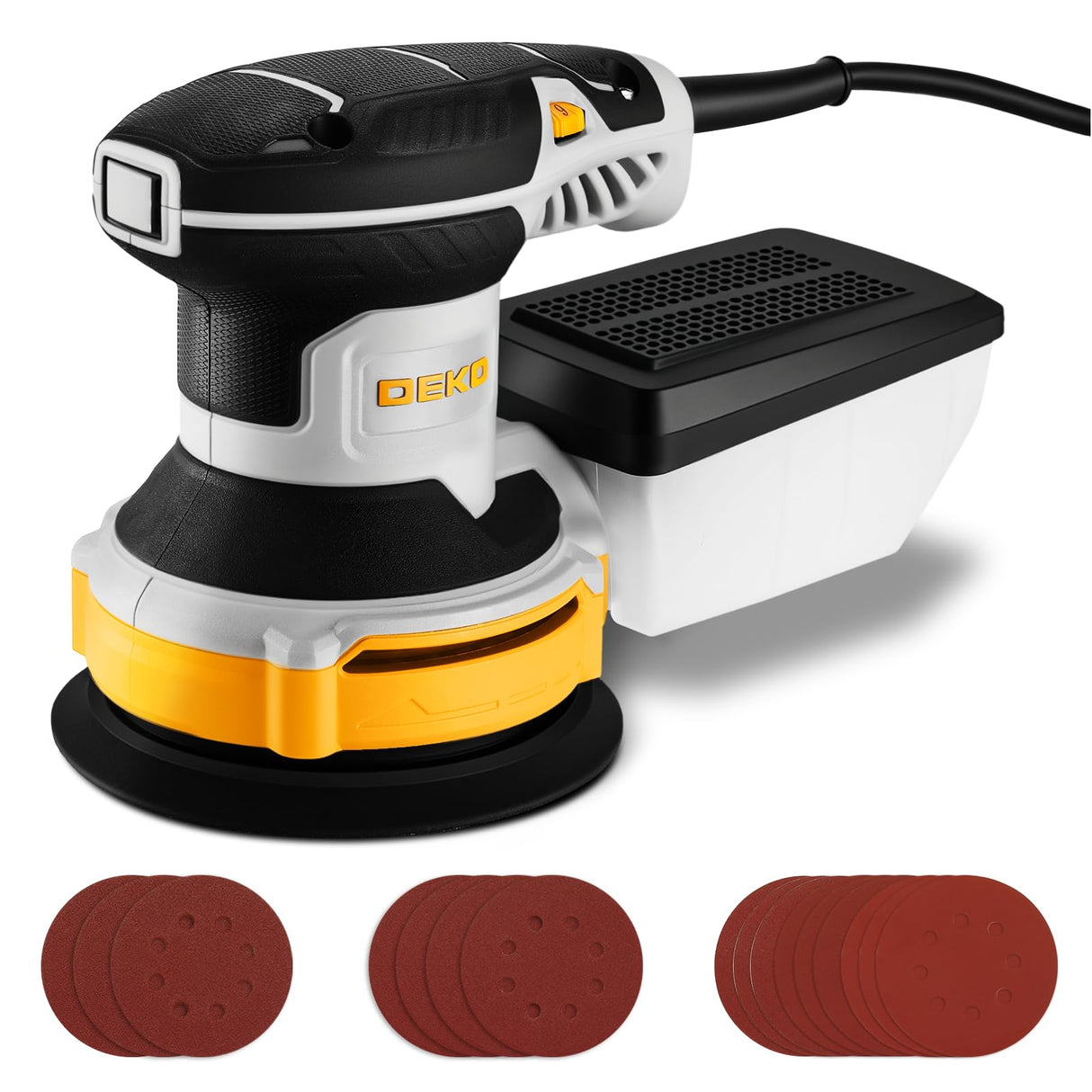 Orbital Sander Corded Hand Sander: DEKOPRO 5" Random Orbital Sander with Dust Box, 6 Various Speeds Electric Palm Sander with Dust Box, 16Pcs Sandpapers for Woodworking & Sanding-Yellow