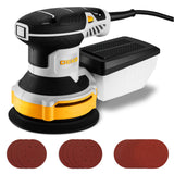 Orbital Sander Corded Hand Sander: DEKOPRO 5" Random Orbital Sander with Dust Box, 6 Various Speeds Electric Palm Sander with Dust Box, 16Pcs Sandpapers for Woodworking & Sanding-Yellow