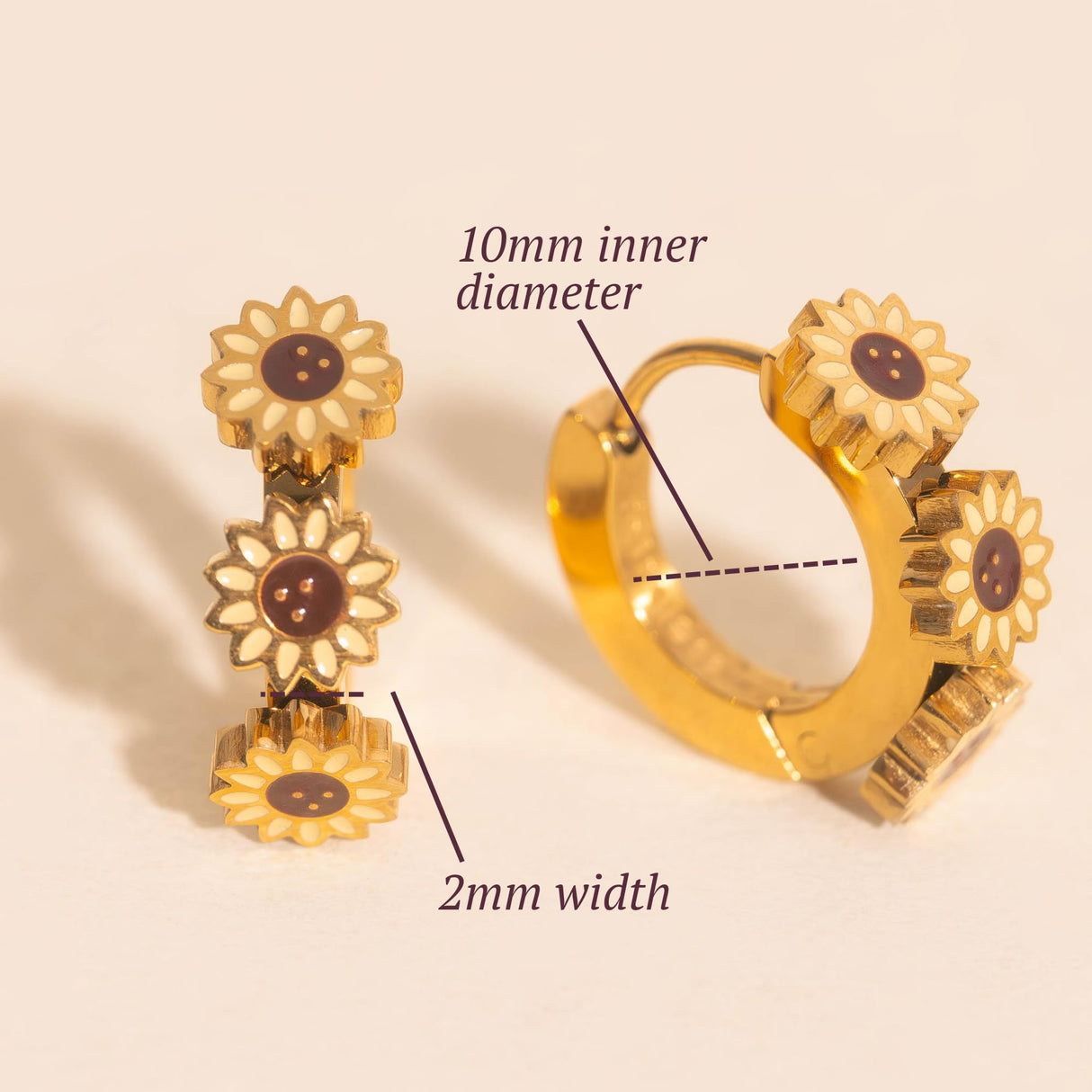 Oh Clementine 3D Sunflower Huggie Hoop Adjustable Clasp Earrings for Women- 316L Stainless Steel with 18k PVD Gold Coating