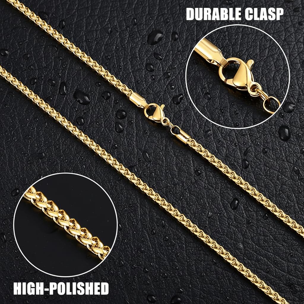 Fiusem 14K Gold Plated Wheat Chain Necklace for Men, 2.5mm 14K Gold Plated Stainless Steel Necklace Chains for Men and Women 24 Inch
