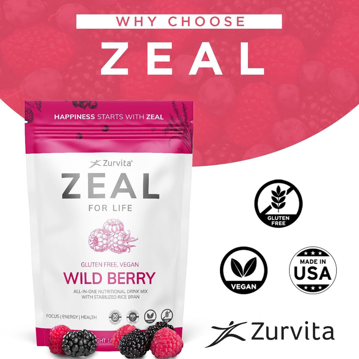 Zurvita - Zeal for Life 30-Day Wellness Bag - Wild Berry Flavor - Daily Nutritional Supplement for Vitality, Immunity, & Overall Wellness - 420 Grams