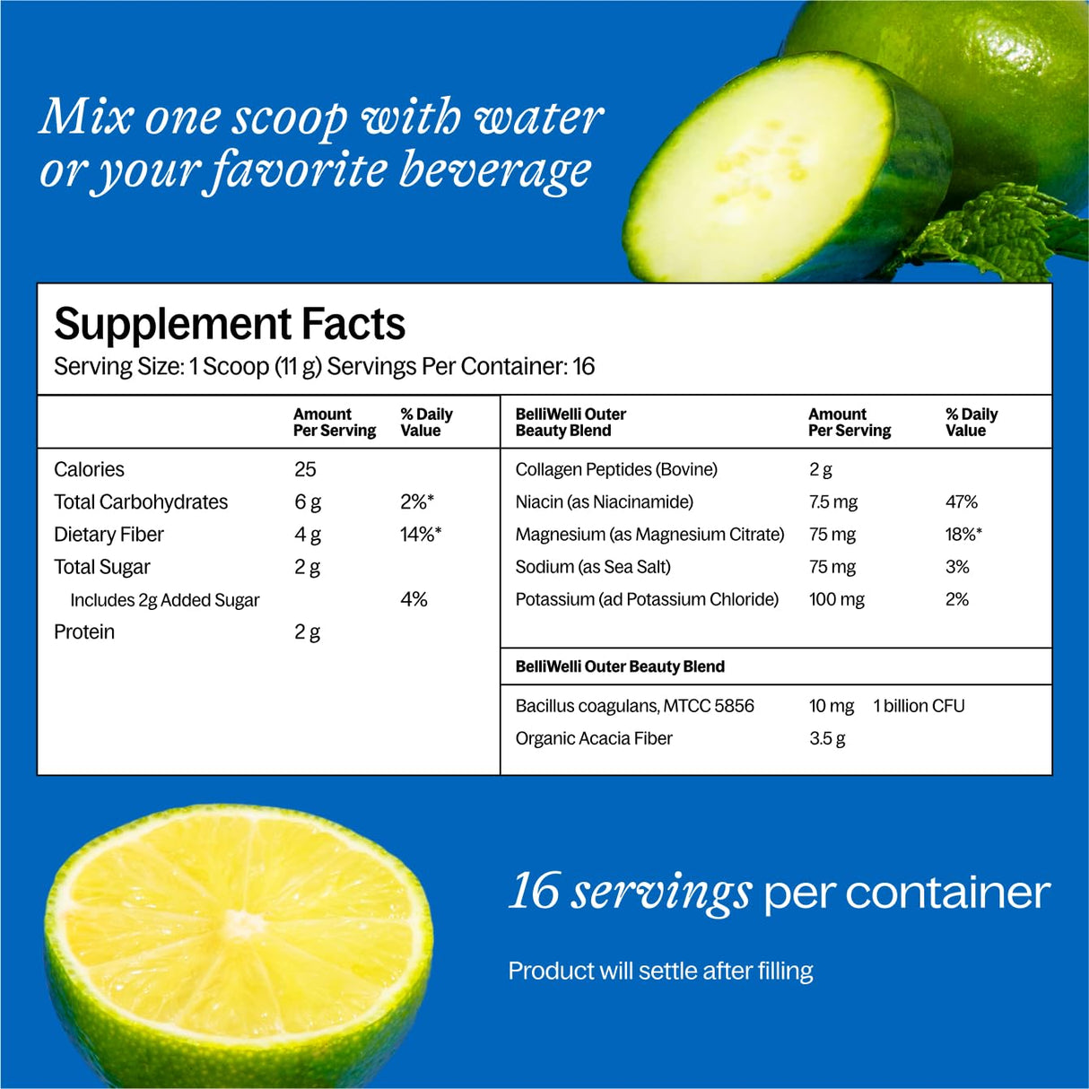 Belli Welli Fiber Supplement for Women & Men – Premium Daily Fiber Powder from Organic Acacia with Added Collagen, Electrolytes & Probiotics – No Bloat, Constipation & Gut Health Support (Cucumber)