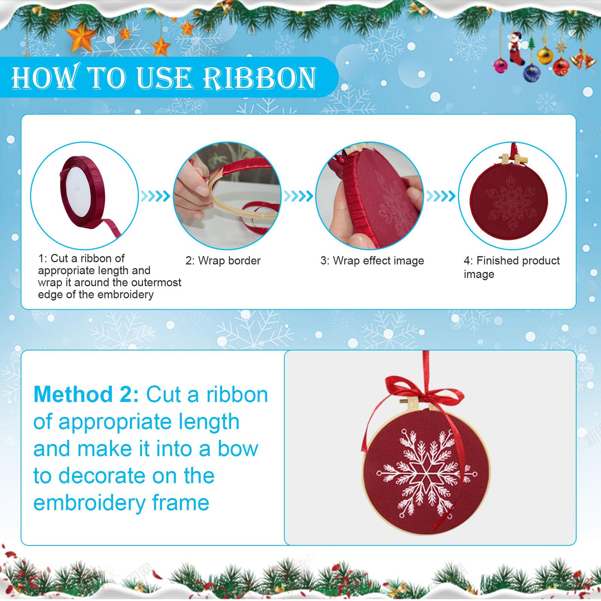 6 Sets Christmas Embroidery kit for Beginners Adults, Antique Red Christmas Ornament Kit Snowflakes Needlepoint Cross Stitch Kits with Patterns, Stitch Learning Kit with Needles Ropes Ribbon-Red