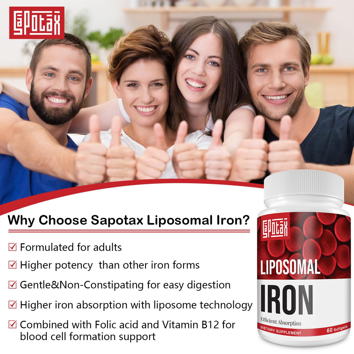 Liposomal Fe Iron Supplement for Women, 65 mg Iron Supplement with Folic Acid & Vitamin B12 for Men, Daily Blood & Energy Support for Adults Iron Deficiency 60 Softgels (1 Bottle)