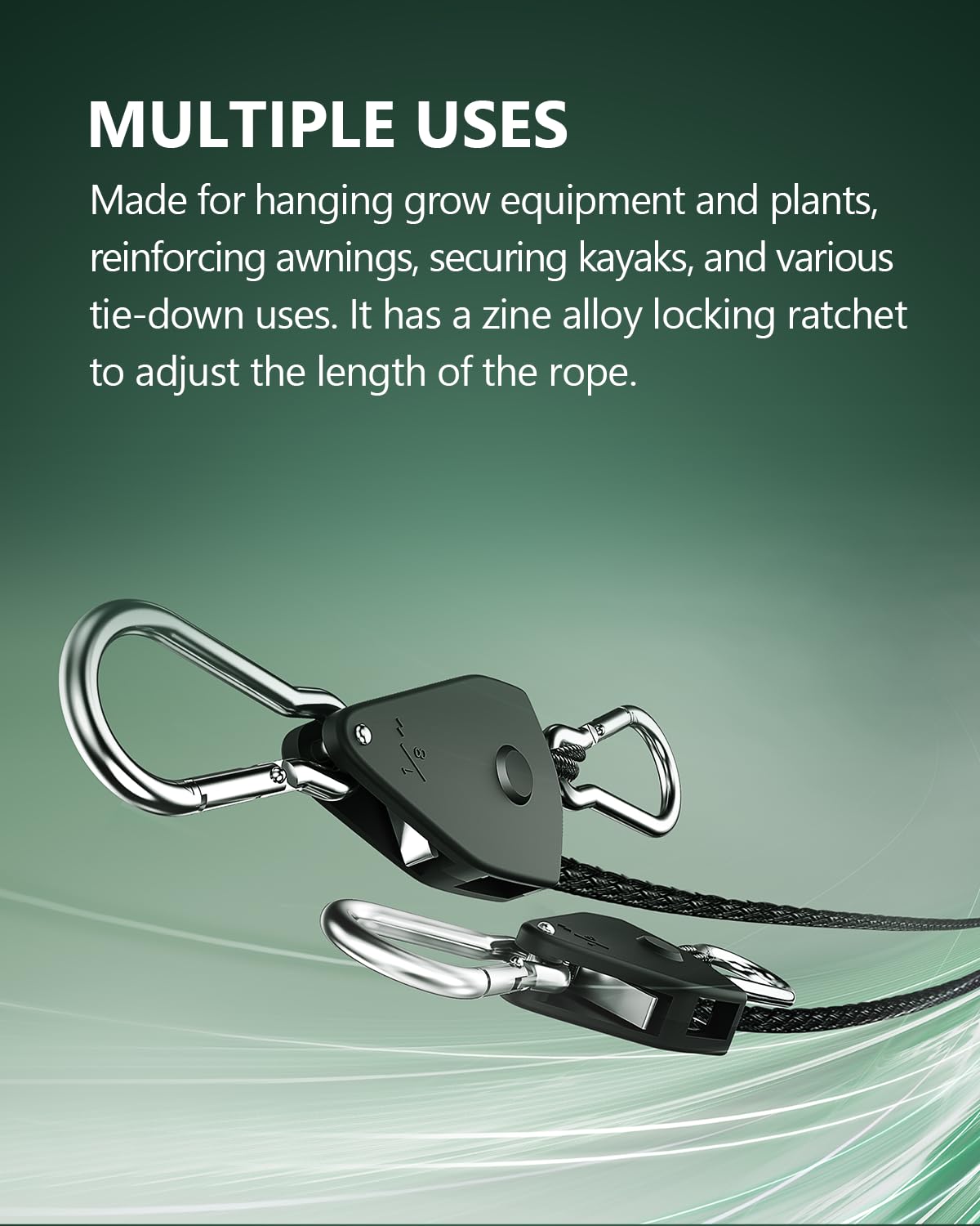 STAYGROW 12-Pack 1/8” Adjustable Rope Hanger, Heavy Duty Ratchet Tie Down Strap with Reinforced Metal Gear, Ratcheting Pulley System Bungee Cord for Hanging Plants Grow Light and Various Tie-Down Uses