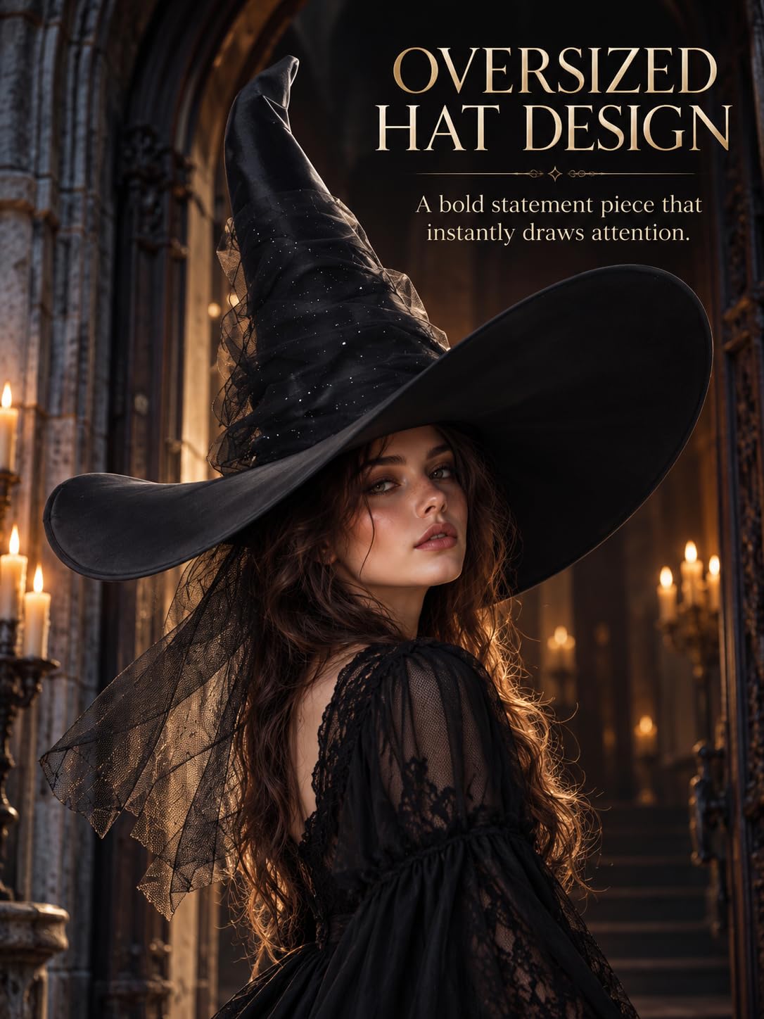UQJE Women's Witch Hat, Oversized Mesh Halloween Costume Hat, Black, 24in