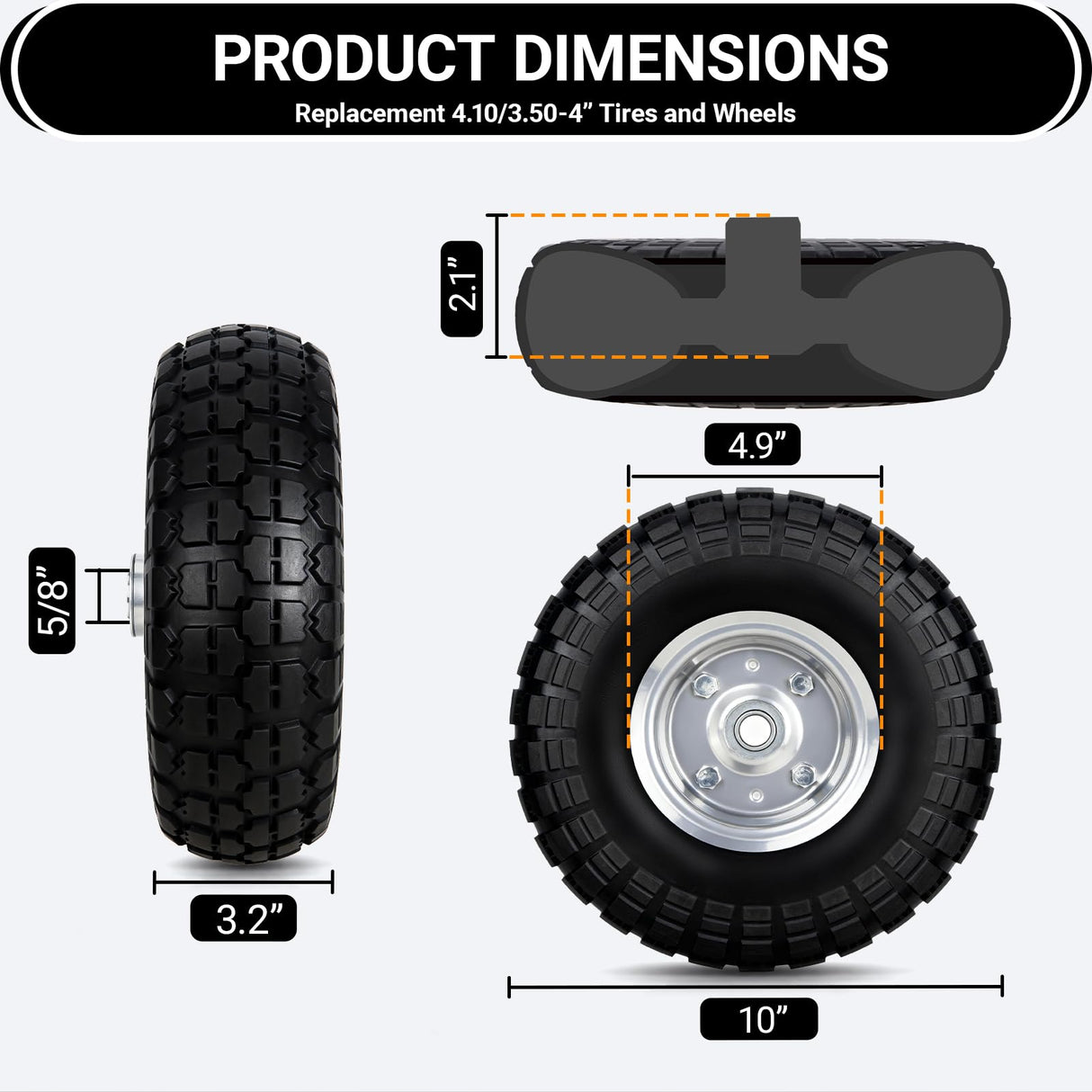 4.10/3.50-4 Flat Free Tire Wheels 10 Inch, (2 PICK) Solid Rubber Puncture Proof Airless Wheels with 5/8" Bearings 2.2" Offset Hub for Hand Truck, Dolly Gorilla Cart, Wheelbarrow, Outdoor Utility Cart
