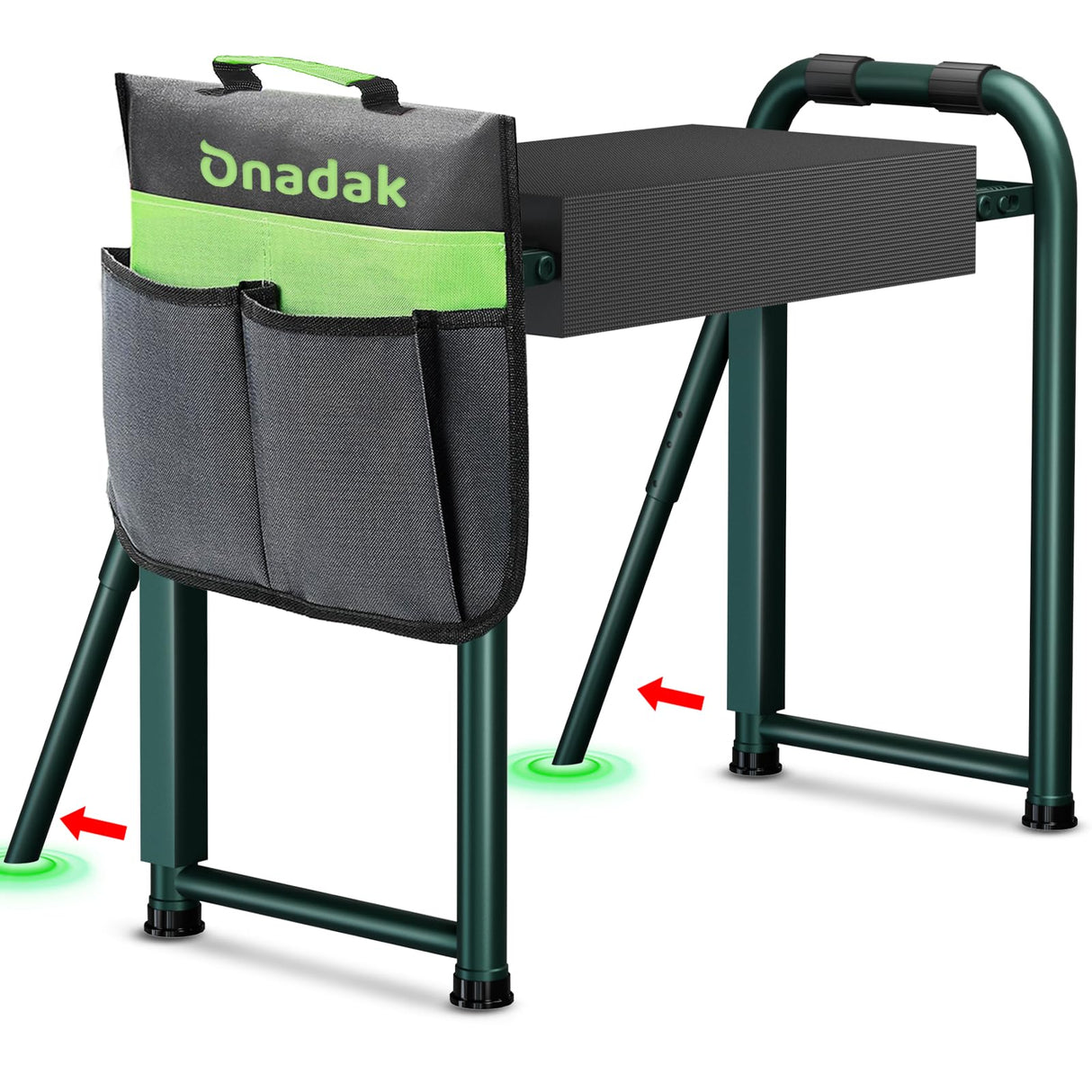 Onadak Heavy Duty Garden Kneeler & Seat with Support Legs, 400lbs Capacity Foldable Gardening Stool, Extra Thick Pad & Large Tool Organizer Bag, Ergonomic for Seniors - Dark Green