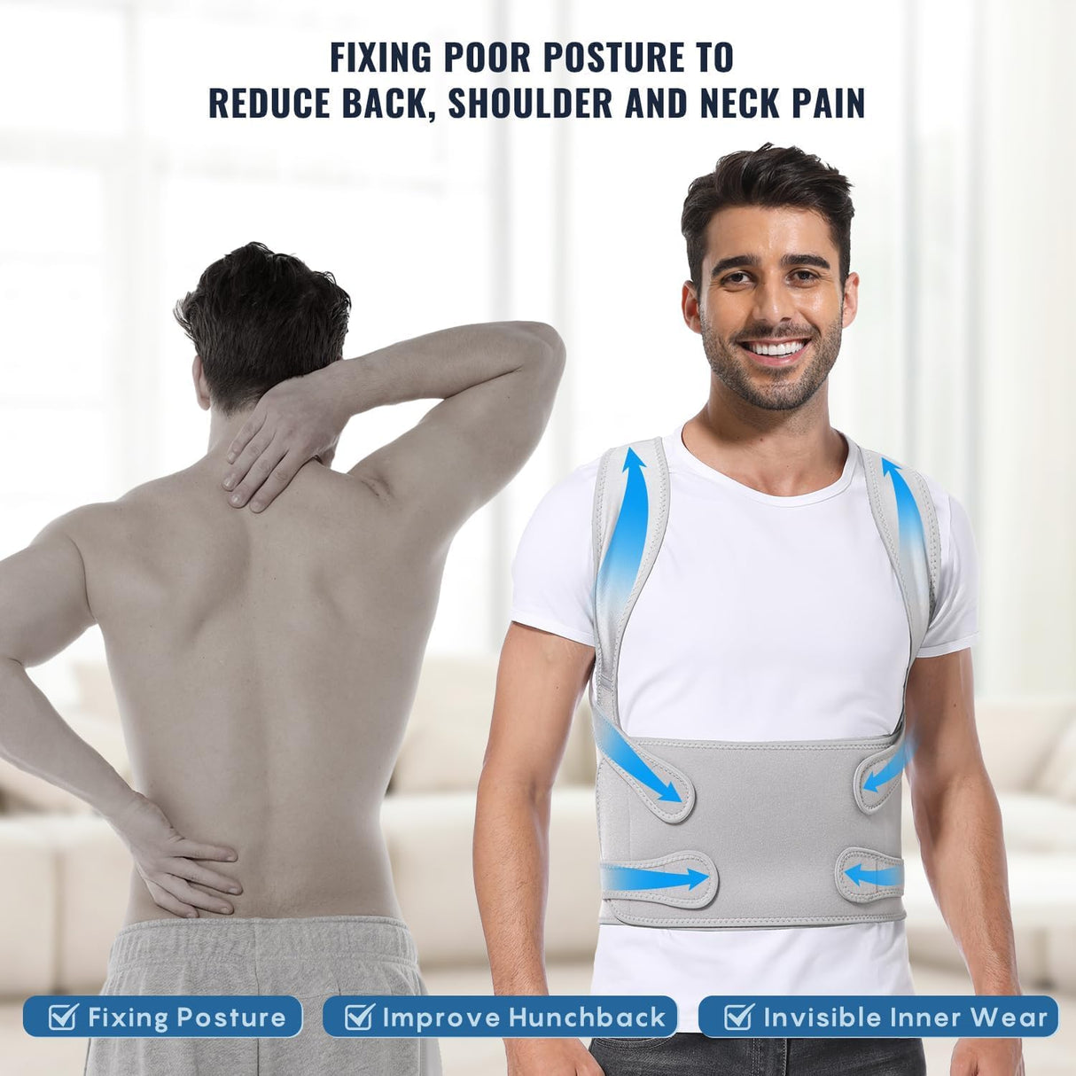 Fit Geno Back Brace Posture Corrector for Men & Women: Shoulder Straightener Adjustable Full Back Support Pain Relief - Scoliosis Hunchback Spine Corrector (Medium)