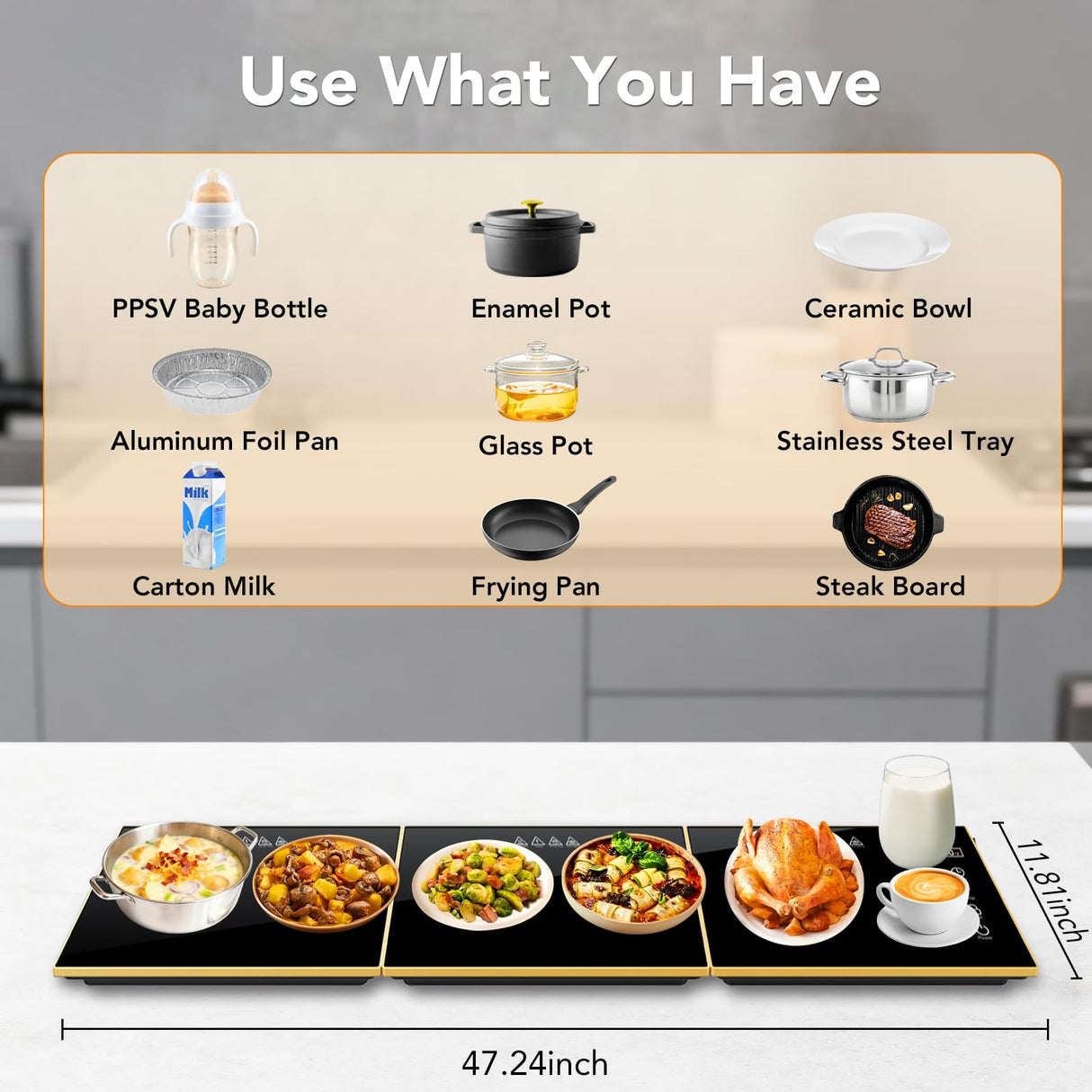 Electric Warming Tray, Extra-Long 47.24'' x 11.81'' Glass Surface, 3-in-1 Warming Mat for Food, with 7 Temperature + 8-Hour Timer Settings, Modular Food Warmers for Parties Buffet for Catering