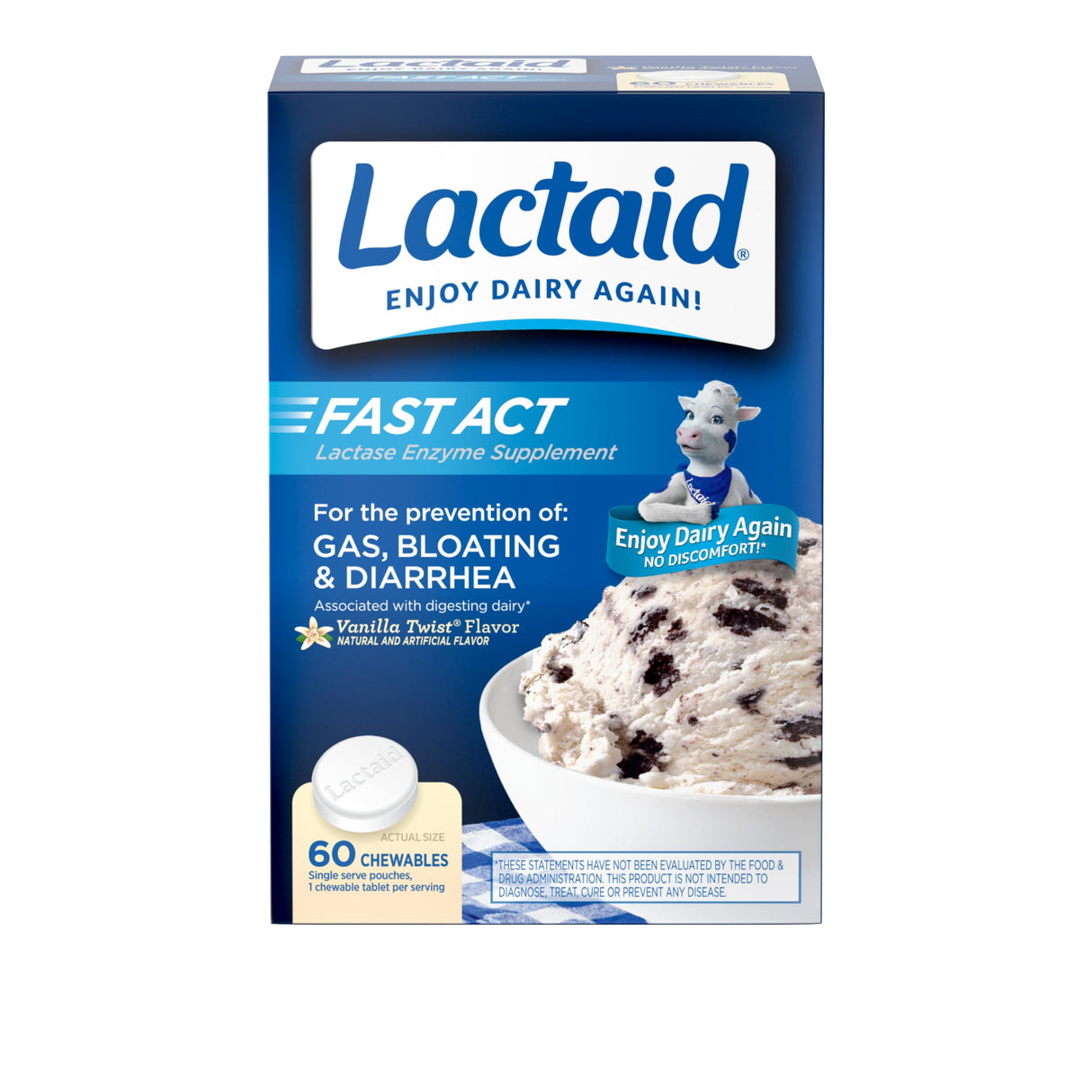 Lactaid Fast Act Lactose Intolerance Relief Chewables with Natural Lactase Enzyme to Prevent Gas, Bloating & Diarrhea Due to Lactose Sensitivity, On-The-Go, Vanilla Twist Flavor, 60 x 1 ct