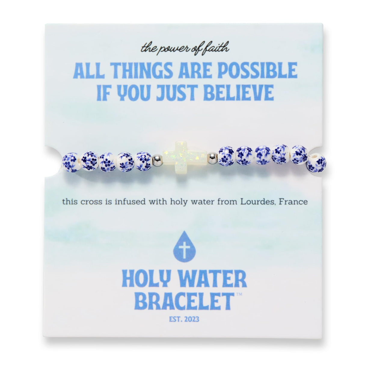 Holy Water Porcelain Cross Bracelet in Silver, Blue Floral Beads, Women