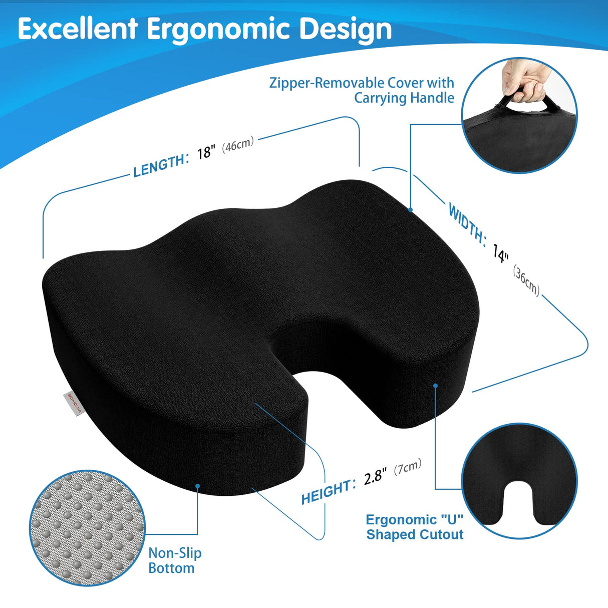 Bomdaia Seat Cushion Pillow for Office Chair, Car Seat Cushion Pad for Desk Chair, Non-Slip Memory Foam Coccyx Seat Cushion for Back, Sciatica & Tailbone Pain Relief (Black)