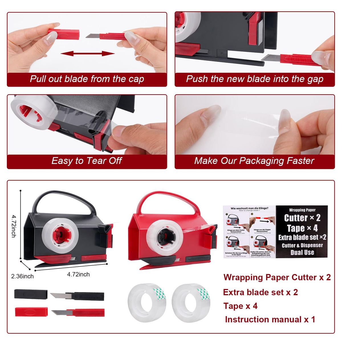 2-in-1 Wrapping Paper Cutter & Tape Dispenser, with 4 Tapes & 2 Blades ﻿ ﻿