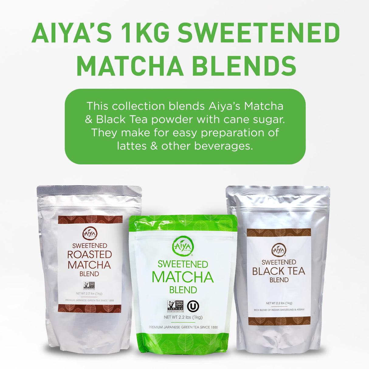 Aiya Sweetened Matcha Blend Powder - Matcha Latte Powder With Antioxidant-Rich Japanese Green Tea & Pure Cane Sugar - Ideal for Smoothies, Lattes, and Culinary Creations - 1kg Bag (2.2 lbs)