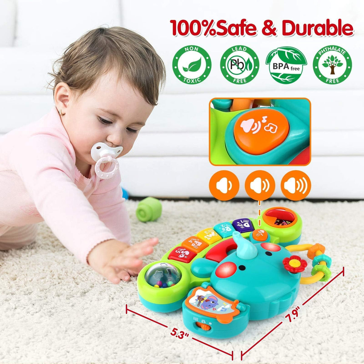 Baby Piano Toys 6-12 Months, Elephant Piano Keyboard Newborn & Infant Toys