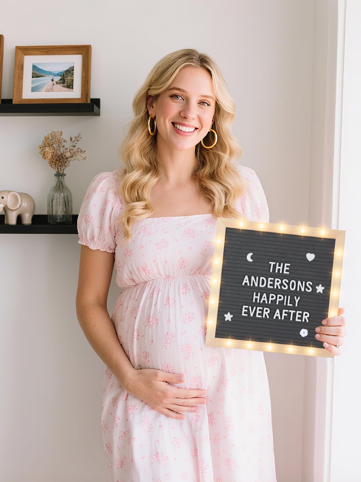 Changeable Felt Letter Board with LED Lights - 10×10" Message Custom Signs & Wood Stand & 450 Letters, Poster Board for Christmas/Pregnancy/Baby Announcement/Classroom Wall Decor Gifts, Grey