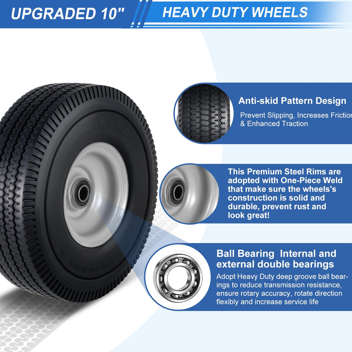 10" 4.10/3.50-4 Tire and Wheel 5/8''Axle Bore Hole&2.2''Offset Hub