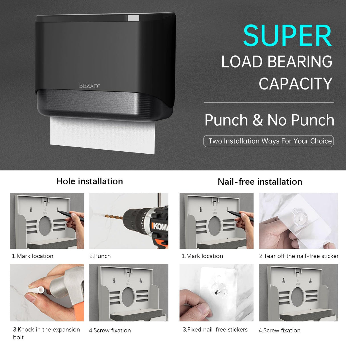 BEZADI Paper Towel Dispenser,Large Capacity Wall Mount Tissue Dispensers with Smart Lock, Used for Kitchen and Bathroom 200+ Sheets Toilet Paper Holders Black
