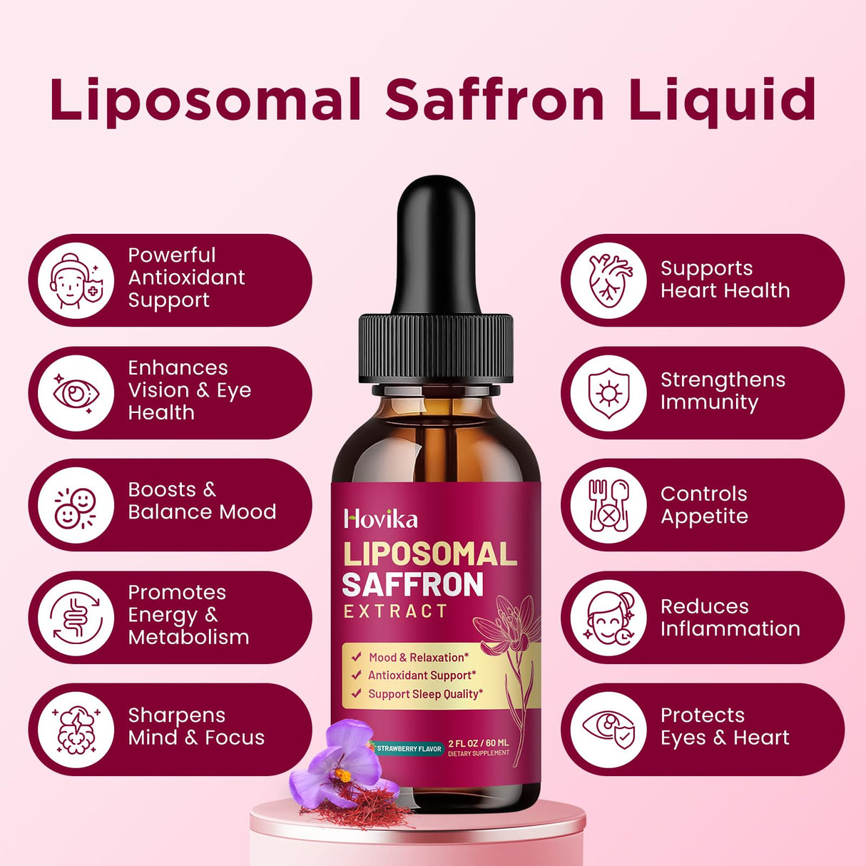 Liposomal Saffron Supplements - 88.5mg Saffron Extract Liquid Drops with L-Theanine, Chamomile, Vitamin C, B6, B12 & D3 for Antioxidant, Immune, Mood, Energy, Focus & Sleep - 2 Fl Oz Strawberry Flavor