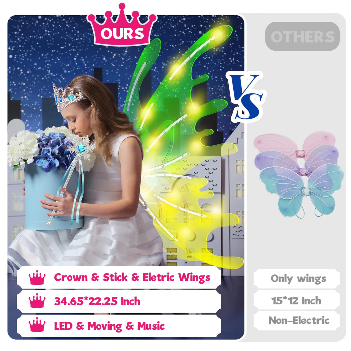 Electric Light Up Butterfly Wings Moving with Music - Princess Costume Crown Wand Dress Up, Princess Toys for Kids Ages 3-6 5-7 as Halloween Valentine Birthday Christmas Party Gifts