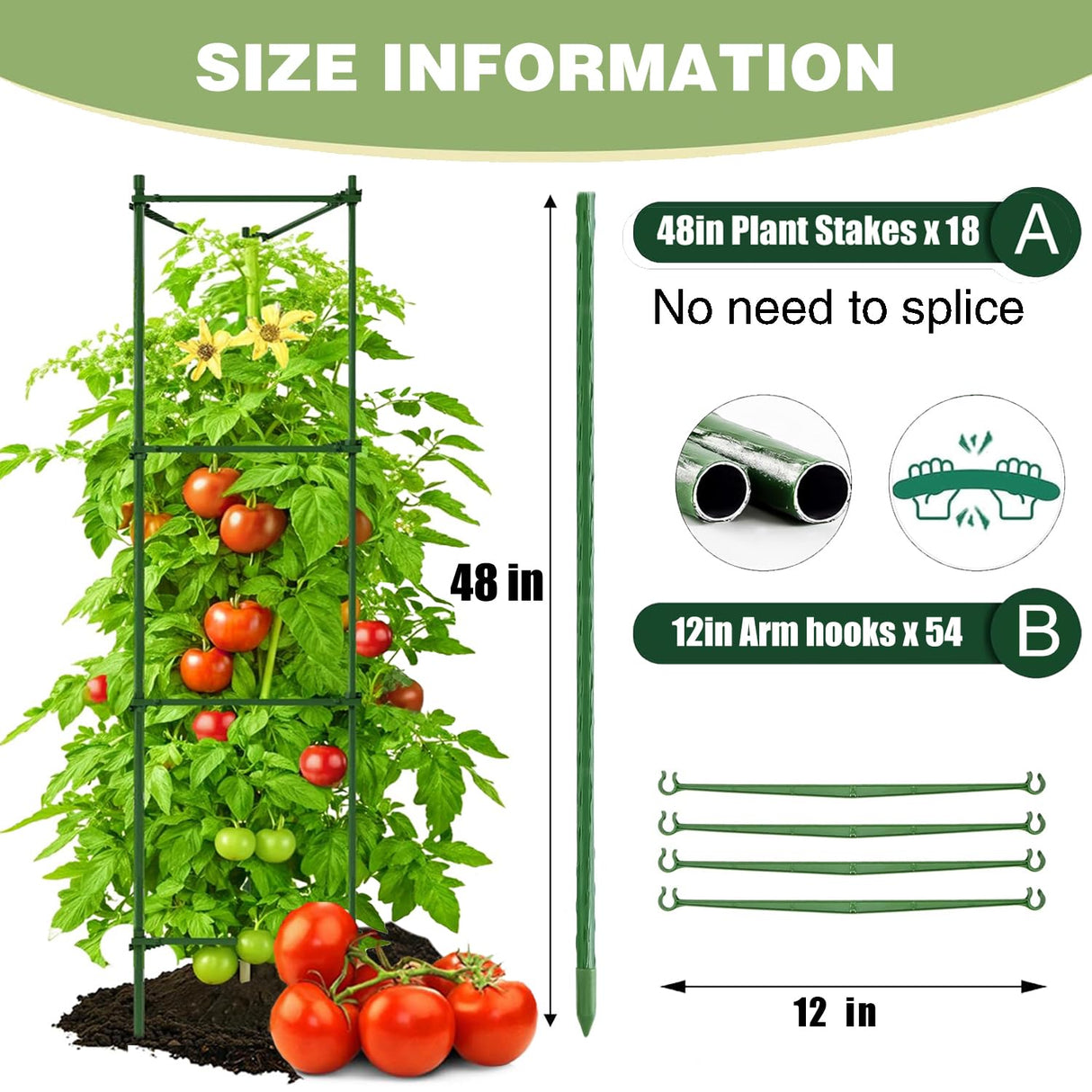 6 Pack Tomato Cage for Garden, 48 Inches Metal Garden Stakes, Plant Support Cages Trellis for Garden and Pots, Tomato Trellis for Potted Plants, Trellis for Climbing Plants Outdoor,Green