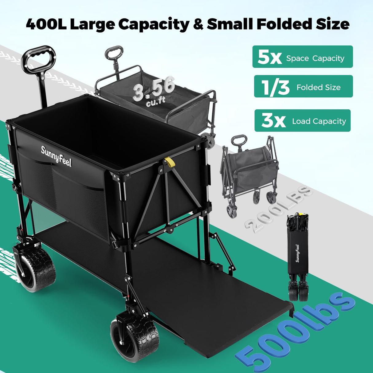 SUNNYFEEL 400L Large Capacity Double Decker Wagon with Tailgate