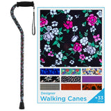 Designer Walking Cane with Offset Handle, Lightweight Adjustable Walking Stick with Carrying Strap,"Black w/Blue and Pink Flowers" Design, Black W/Blue and Pink Flowers