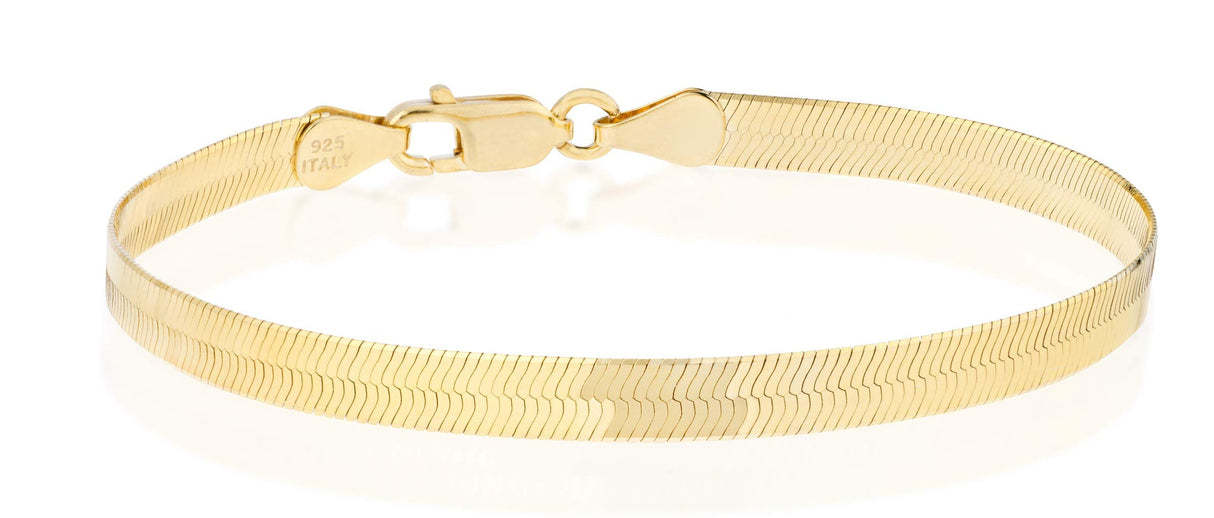 Miabella Italian Solid 925 Sterling Silver, 18K Gold Plated 4.5mm Flexible Flat Herringbone Link Chain Bracelet for Women, Made in Italy (yellow-gold-plated-silver, Length 7 Inches)
