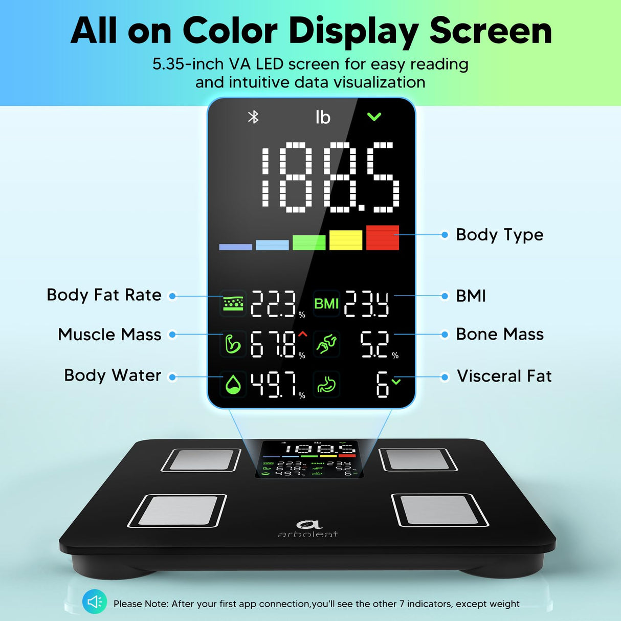 Arboleaf Smart Scale with BMI, Body Fat, Muscle Mass, Digital Bathroom Scale for Body Weight, 14 Body Composition Metrics, Large LED Display, Accurate Weighing Machine, App Sync, 400lbs, 11"