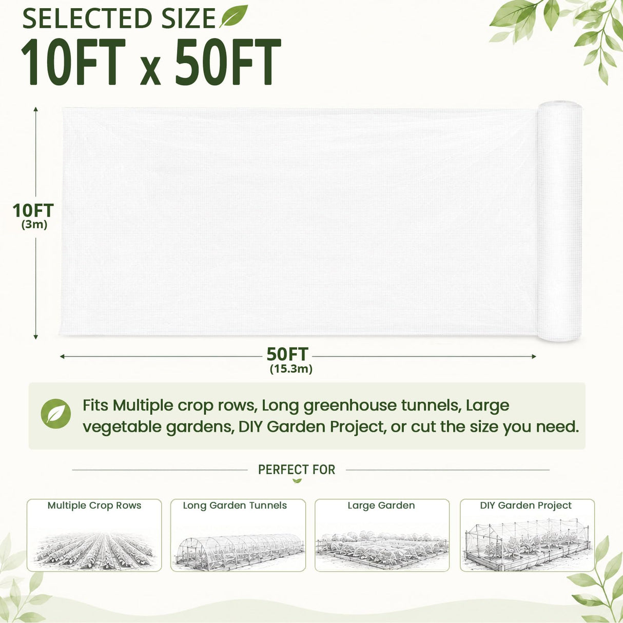 10Ft x 50Ft Garden Netting, Fine Mesh Insect Netting for Plant Protection, Mosquito Bug Bird Barrier Mesh Cover for Vegetables Fruits Flowers Raised Beds
