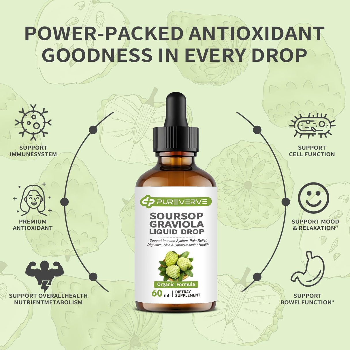 Purever Soursop Graviola Liquid Drop for Cell Support & Regeneration, Immune System and Gut Health Support, Soursop Bitters Liquid, Herbal Goodness, Sugar/Gluten Free, Natural Flavor, 2 Fl Oz