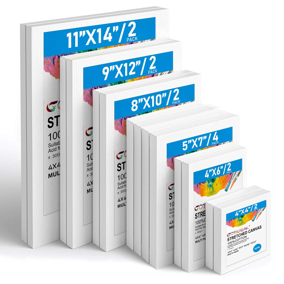 GOTIDEAL Canvas for Painting, 14 Pcs Muti Pack Stretched Painting Canvas